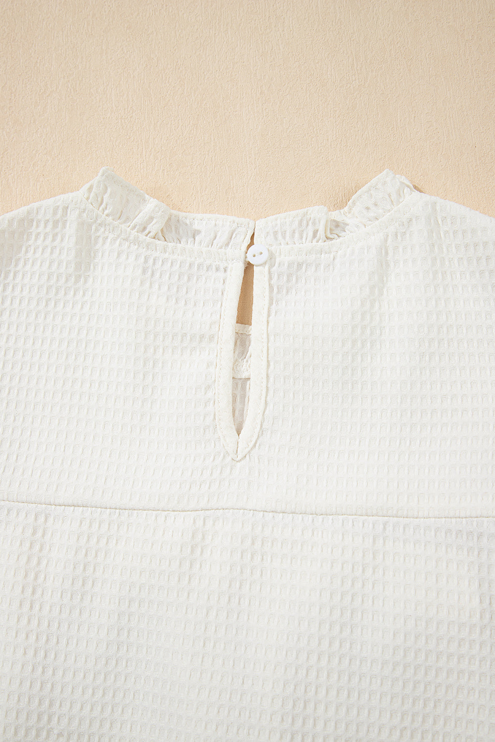 White Solid Color Ruffle Trim Waffle Knit Blouse